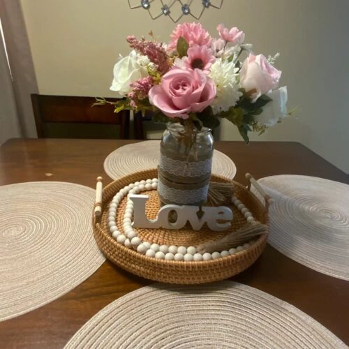 Boho Vintage Rustic Handmade Round Rattan Wicker Tray With Natural Wooden Handles photo review