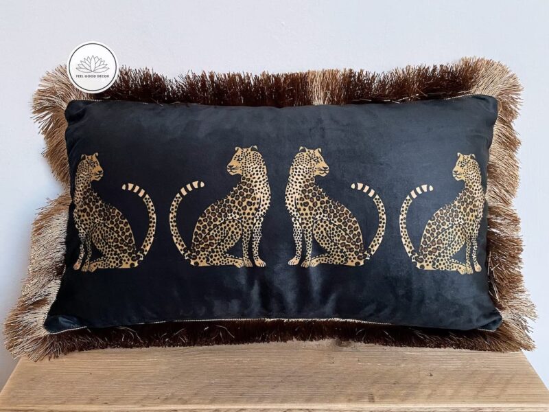 Black Leopards Luxury Velvet Cushion Cover With Golden Fringe-feel-good-decor-2