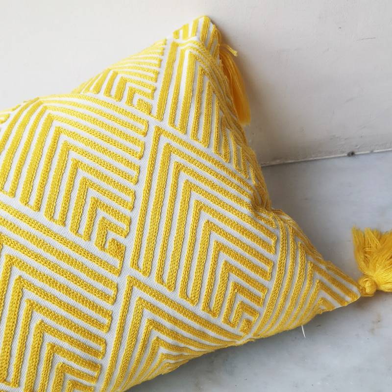 Golden Yellow Geometric Pattern Embroidery 30 x 50cm Cushion Cover With Large Tassels New In Bedroom Bestsellers Cushion Covers Interior Decorations Living Room Feel Good Decor