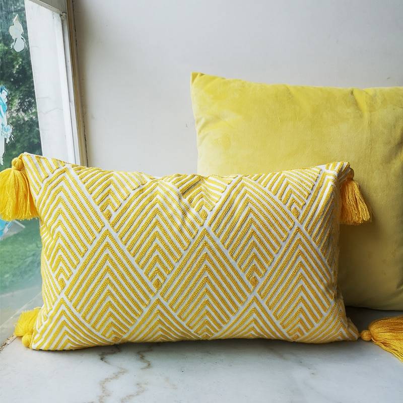 Golden Yellow Geometric Pattern Embroidery 30 x 50cm Cushion Cover With Large Tassels New In Bedroom Bestsellers Cushion Covers Interior Decorations Living Room Feel Good Decor