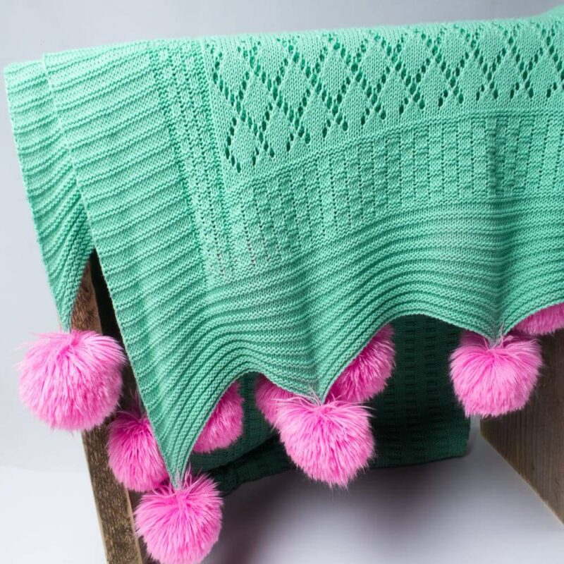 Knitted Green and Pink 100 x 150cm Pom Pom Kids Blanket Blankets & Throws Living Room Bedroom Kids Room Feel Good Decor
