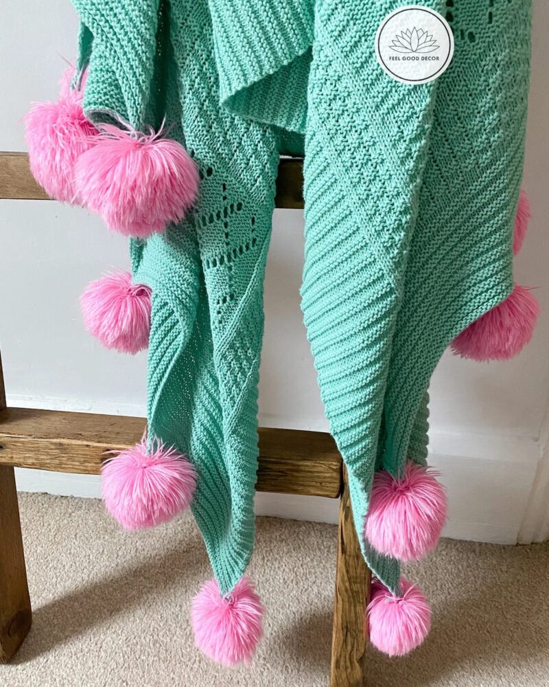 Knitted Pastel Green and Pink Pom Pom Blanket-feel-good-decor