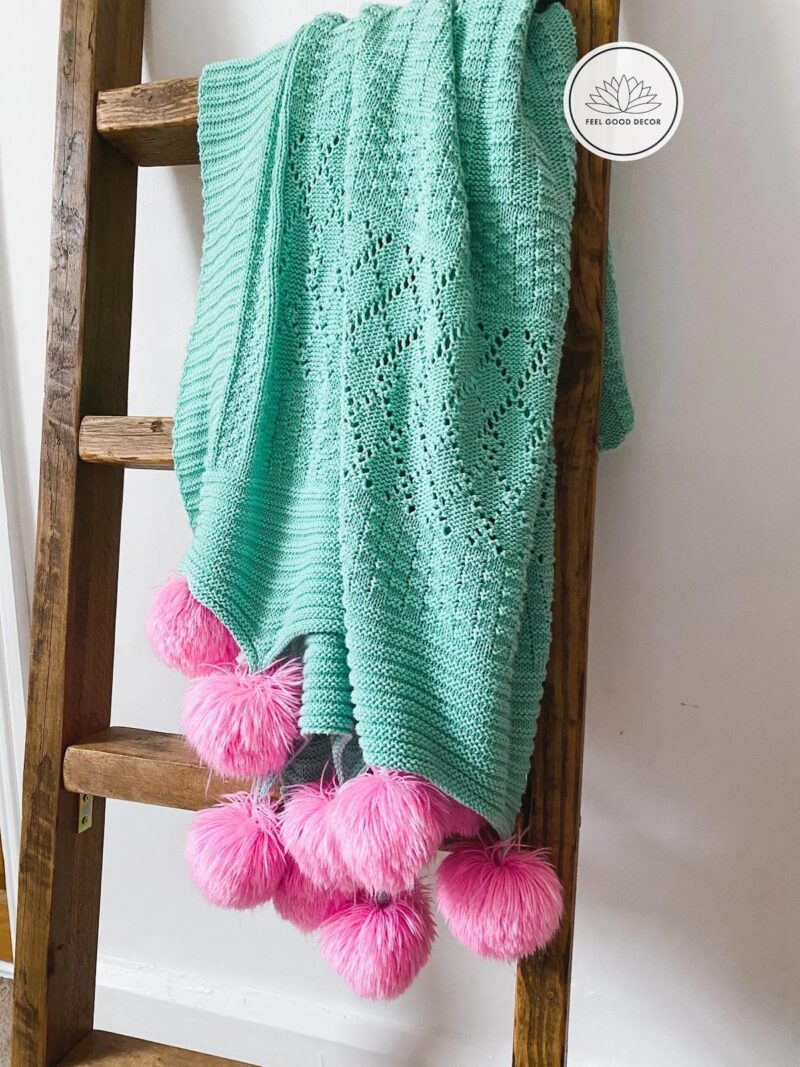 Knitted Pastel Green and Pink Pom Pom Blanket-feel-good-decor