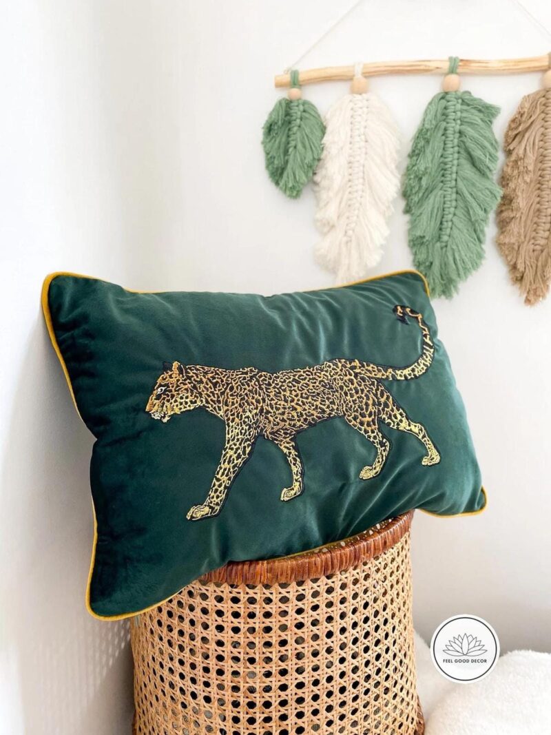 Luxury Dark Green Velvet Cushion Pillow Cover With Embroidered Golden Leopard-feel-good-decor
