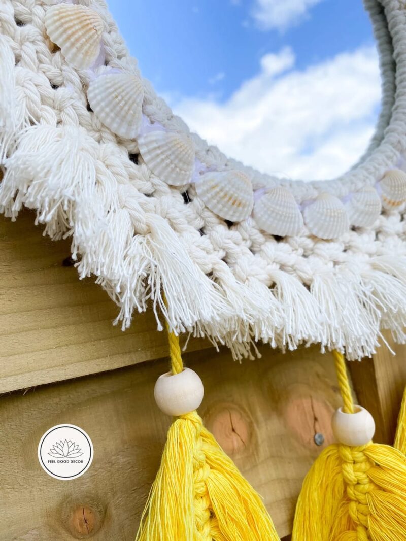 Round Wall Macrame Shell Mirror with Fringe and Yellow Feathers-feel-good-decor-1