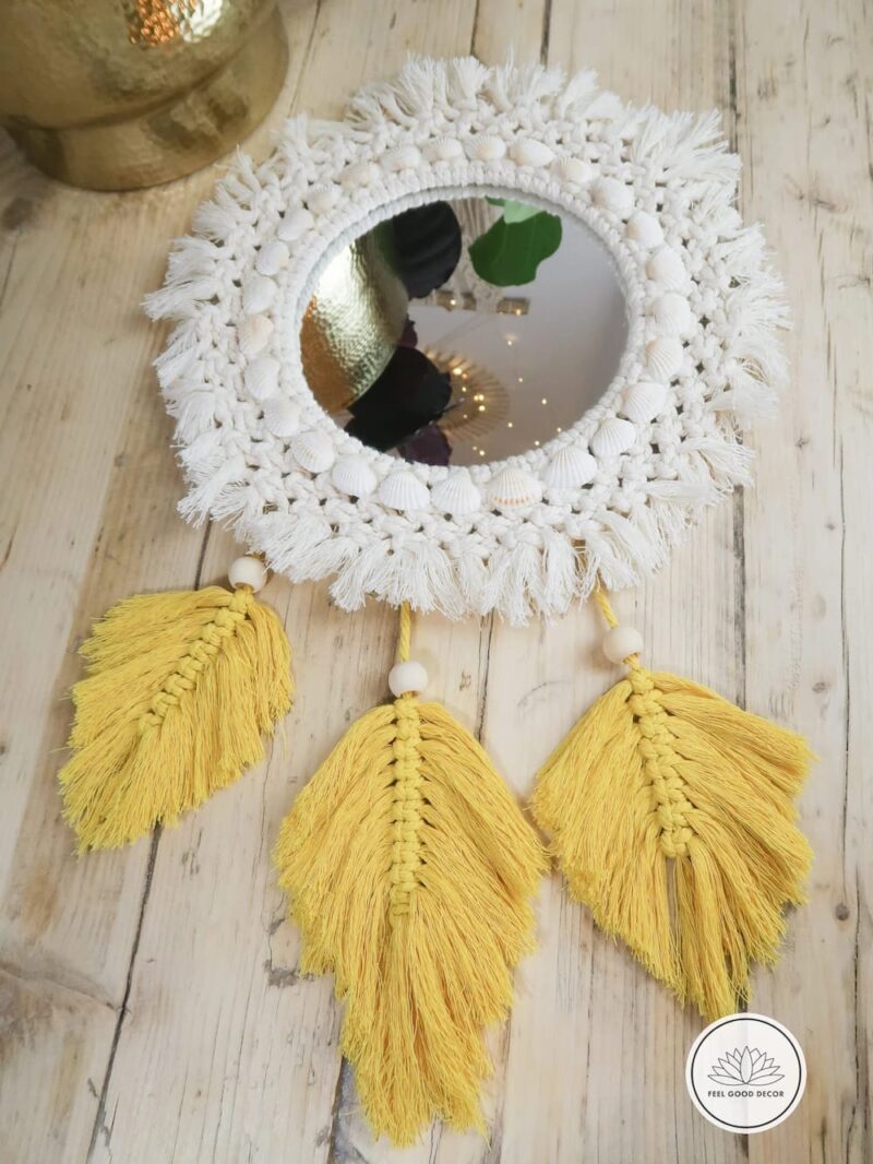 Round Wall Macrame Shell Mirror with Fringe and Yellow Feathers-feel-good-decor-1
