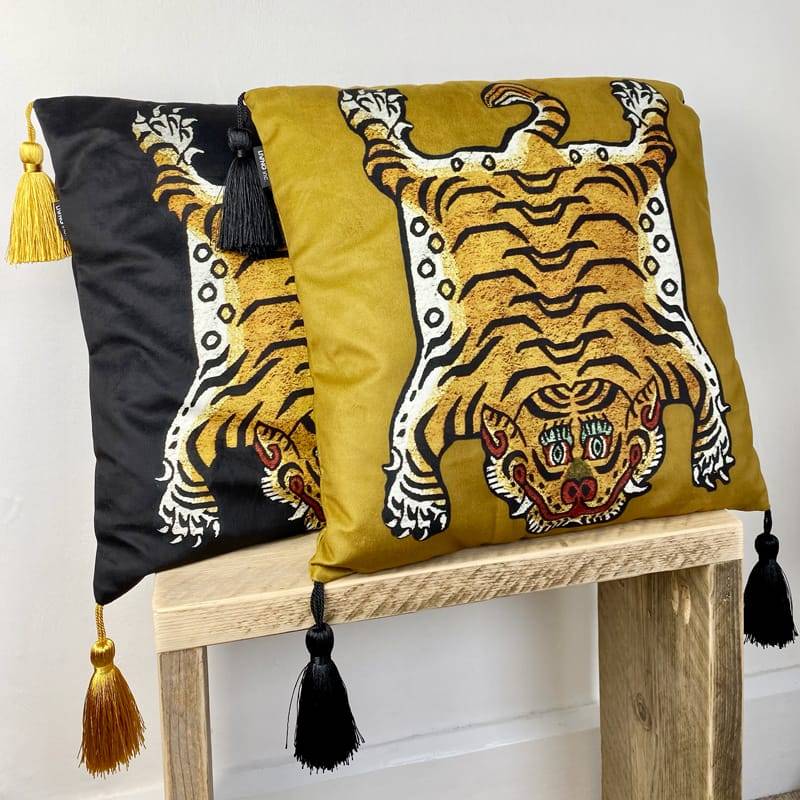 Turmeric Vintage Tiger Velvet Cushion Cover With Black Tassels 45 x 45cm (No Filling) Sale Cushion Covers & Cushions Living Room Bedroom Feel Good Decor