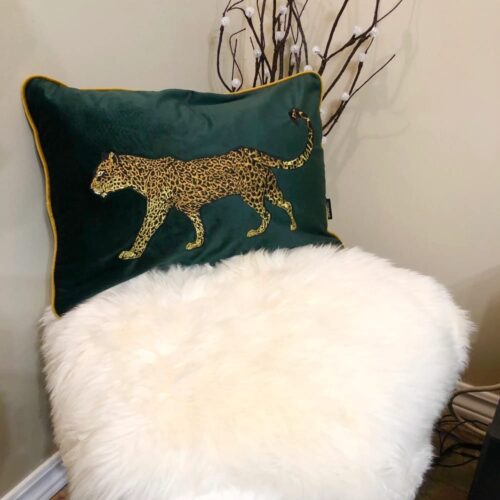 Luxury Dark Green Velvet Cushion Pillow Cover With Embroidered Golden Leopard/Jaguar 35 x 50cm (No Filling) photo review
