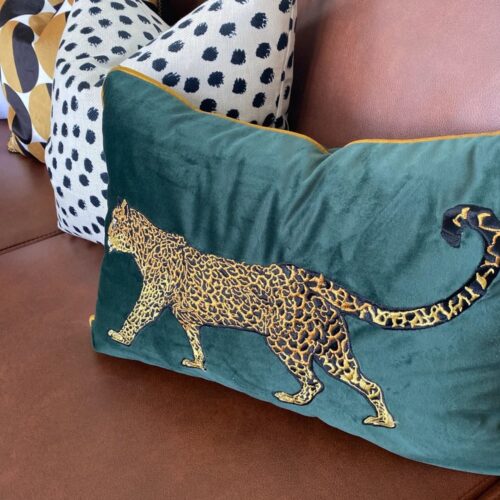 Luxury Dark Green Velvet Cushion Pillow Cover With Embroidered Golden Leopard/Jaguar 35 x 50cm (No Filling) photo review