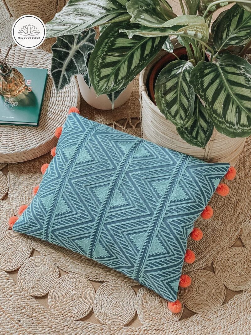 Bohemian Blue Geometric Ethnic Embroidery Cushion Pillow Cover With Pom Pom Fringe-feel-good-decor