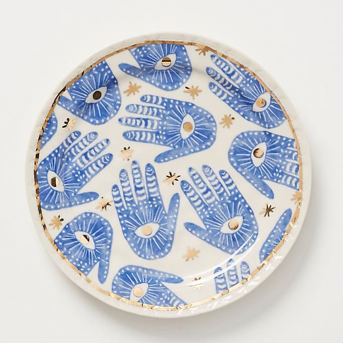 Boho Hamsa Hand Eye Ceramic Plate With Gold-toned Rim (Handmade)