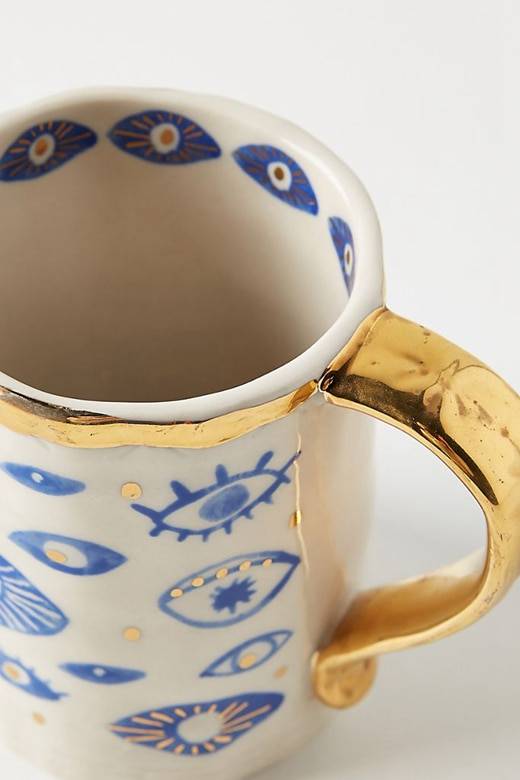Boho Hamsa Hand Eye Ceramic Cup With Gold-toned Handle (Handmade) New In Bedroom Bestsellers Handmade Living Room Tableware & Serveware Feel Good Decor