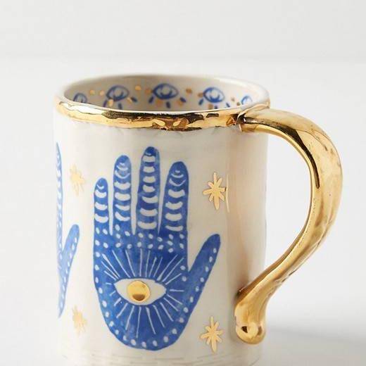 Boho Hamsa Hand Eye Ceramic Cup With Gold-toned Handle (Handmade) New In Bedroom Bestsellers Handmade Living Room Tableware & Serveware Feel Good Decor
