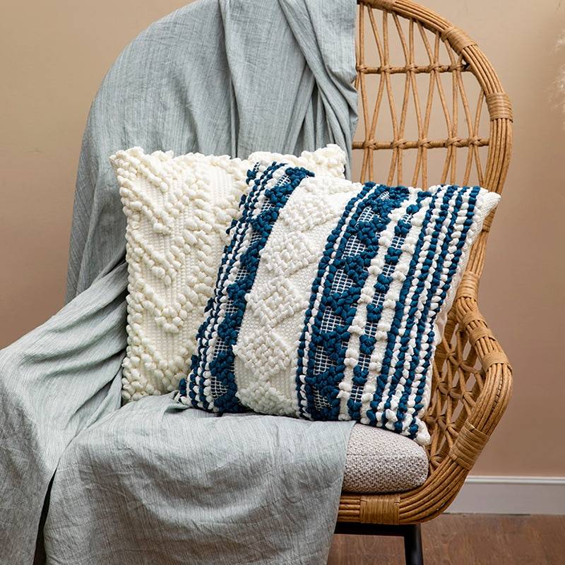 Boho Ivory and Blue Textured 45 x 45cm Cushion Cover Bedroom Cushion Covers Interior Decorations Living Room Feel Good Decor