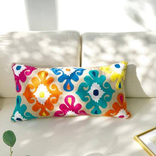 Boho Multicoloured Flower Embroidery 30 x 60cm Cushion Cover (No Filling) Accessories Bedroom Cushion Covers Interior Decorations Living Room Feel Good Decor