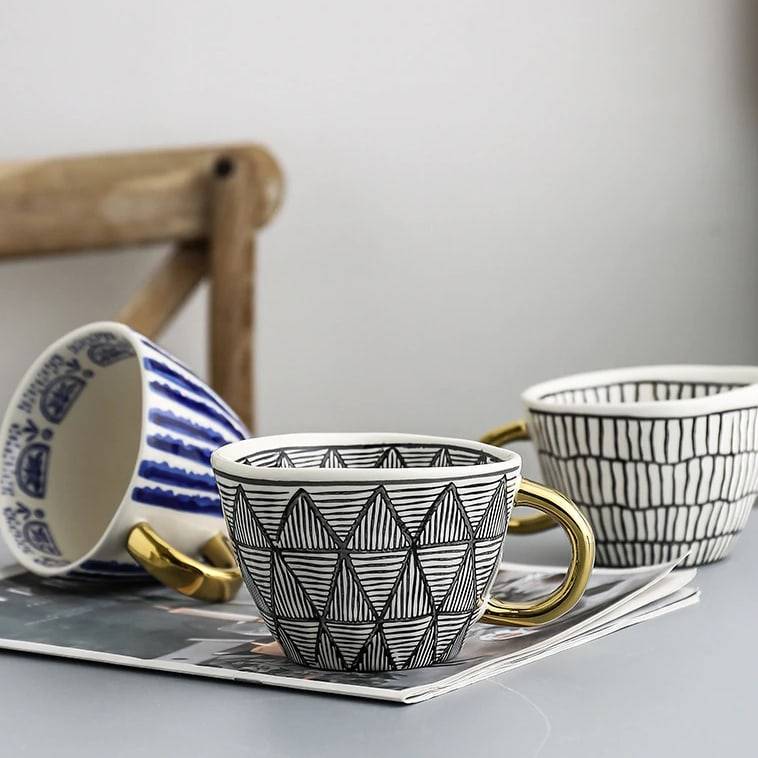Boho Scandi Porcelain Ceramic Coffee or Tea Mug With Gold Foil Handle (330ml) Ceramics Tableware & Serveware Living Room Kitchen & Dining Feel Good Decor