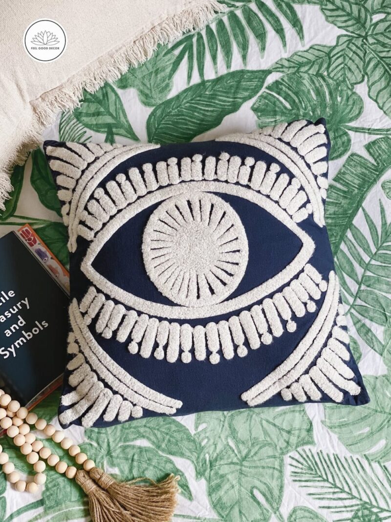 Navy Blue Boho Eye Embroidery Cushion Cover-feel-good-decor