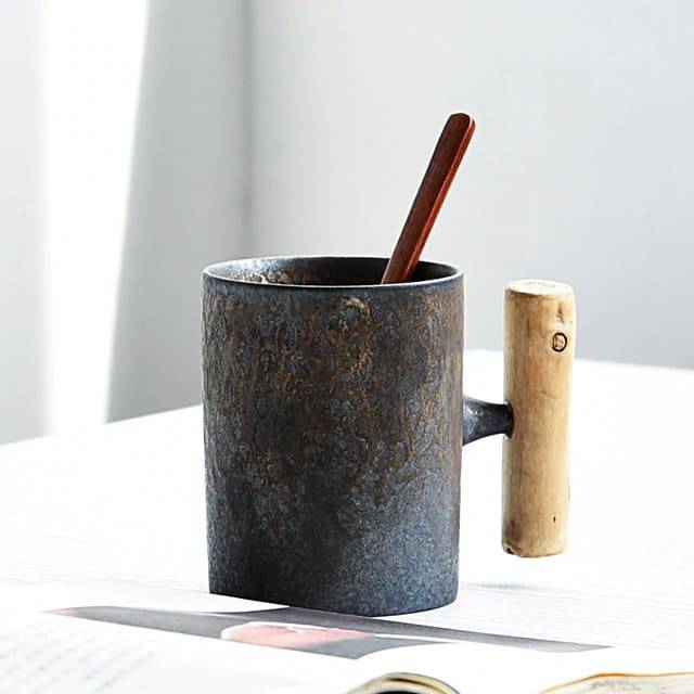 Rustic Hand-glazed Ceramic Mug With Wooden Handle New In Bedroom Interior Decorations Living Room Tableware & Serveware Feel Good Decor