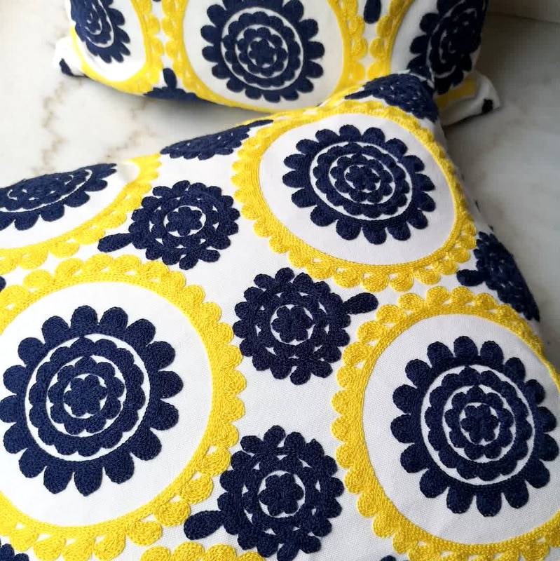 Yellow And Navy Blue Embroidery 45x45cm Cushion Cover (No Filling) Accessories Bedroom Cushion Covers Interior Decorations Living Room Feel Good Decor