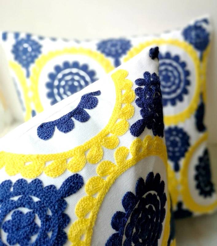 Yellow And Navy Blue Embroidery Cushion Cover 45x45cm (No Filling) Cushion Covers & Cushions Living Room Bedroom Feel Good Decor