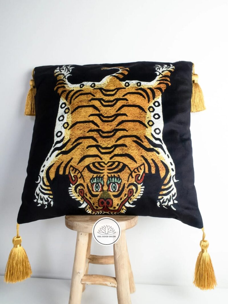 Black Tibetan Tiger Velvet Cushion Cover With Gold Tassels-feel-good-decor-1