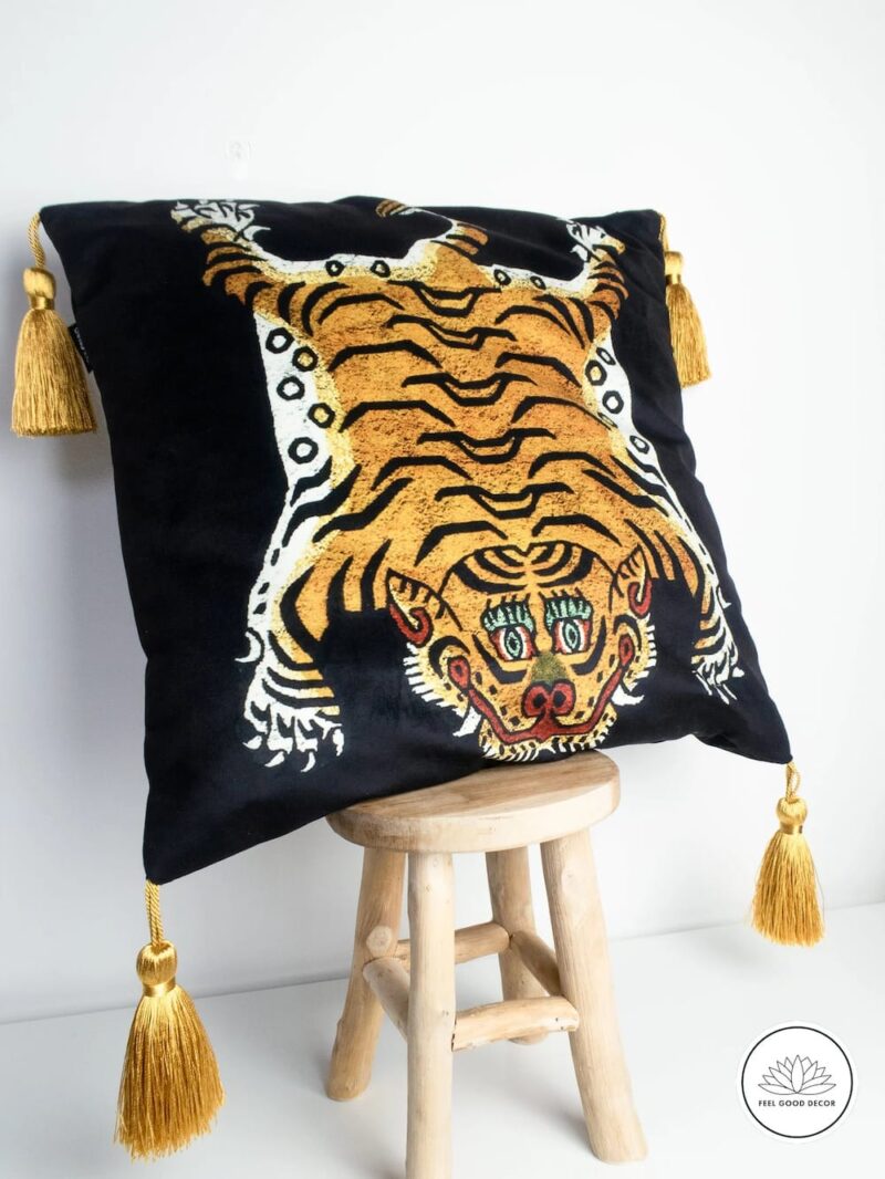 Black Tibetan Tiger Velvet Cushion Cover With Gold Tassels-feel-good-decor