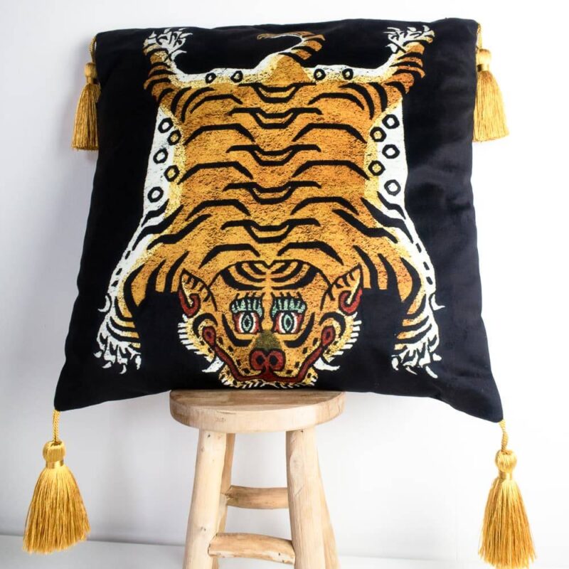 Black Tiger Soft Velvet Cushion With Gold Tassels 45 x 45cm (No Filling) Cushion Covers & Cushions Living Room Bedroom New In Feel Good Decor