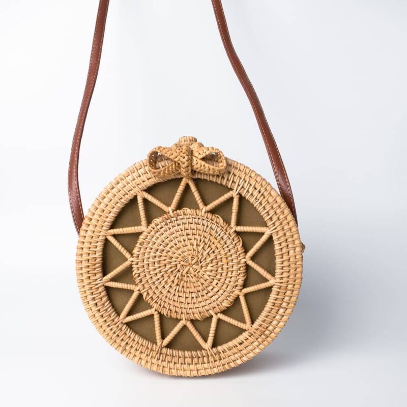 Boho Handwoven Natural Rattan Wicker Cross Body Bag With Sun Pattern Design Bags Rattan & Natural Materials Accessories New In Feel Good Decor