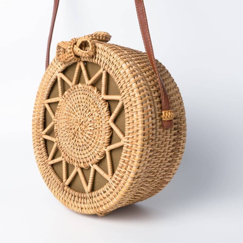 Boho Handwoven Natural Rattan Wicker Cross Body Bag With Sun Pattern Design Bags Rattan & Natural Materials Accessories Wall Hangings New In Feel Good Decor