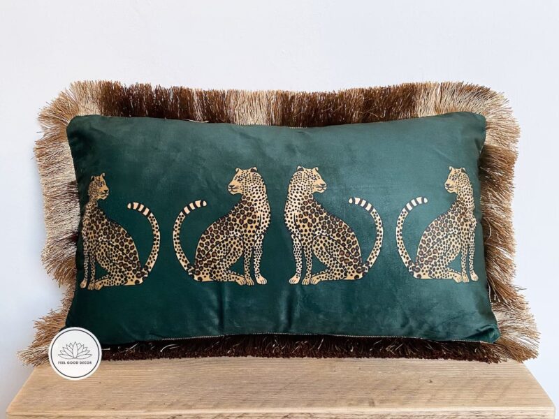 Dark Green Leopards Luxury Velvet Cushion Cover With Golden Fringe-feel-good-decor-1