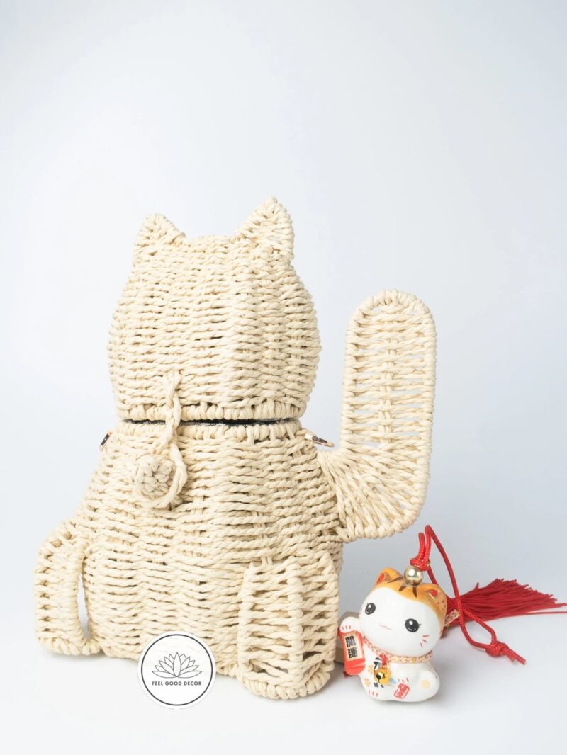 Handmade Japanese Lucky Cat Natural Straw Wicker Storage Basket and Bag Feel Good Decor