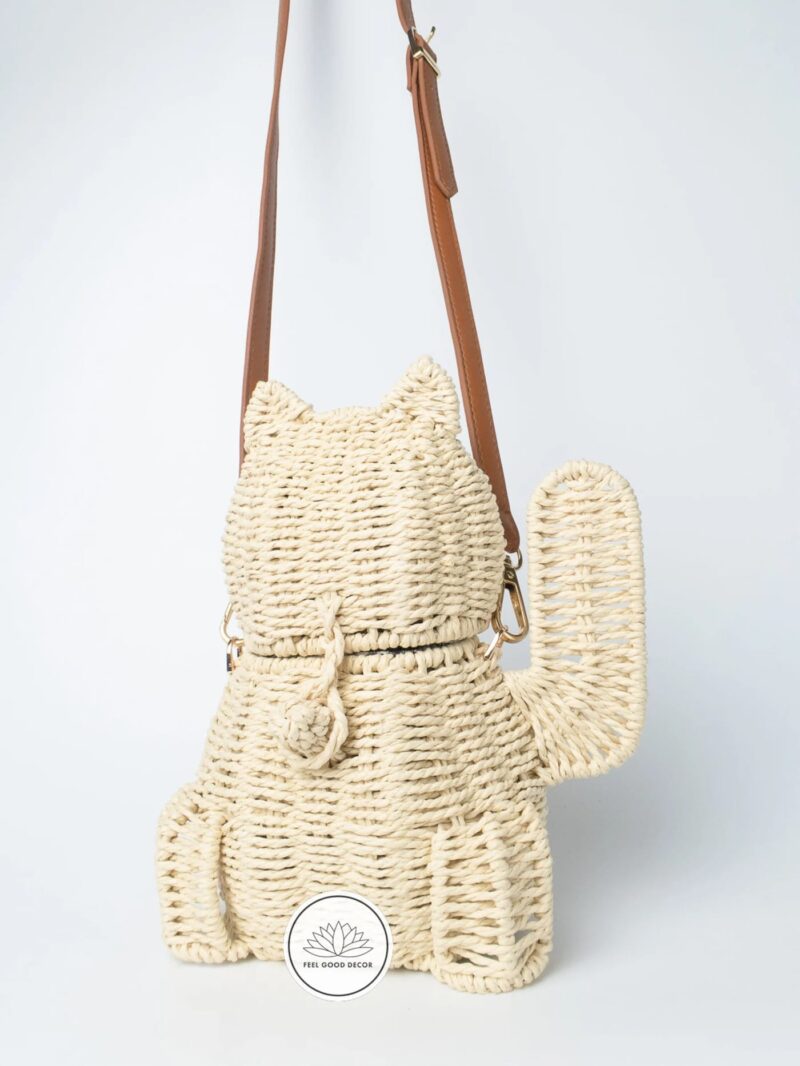 Handmade Japanese Lucky Cat Natural Straw Wicker Storage Basket and Bag Feel Good Decor