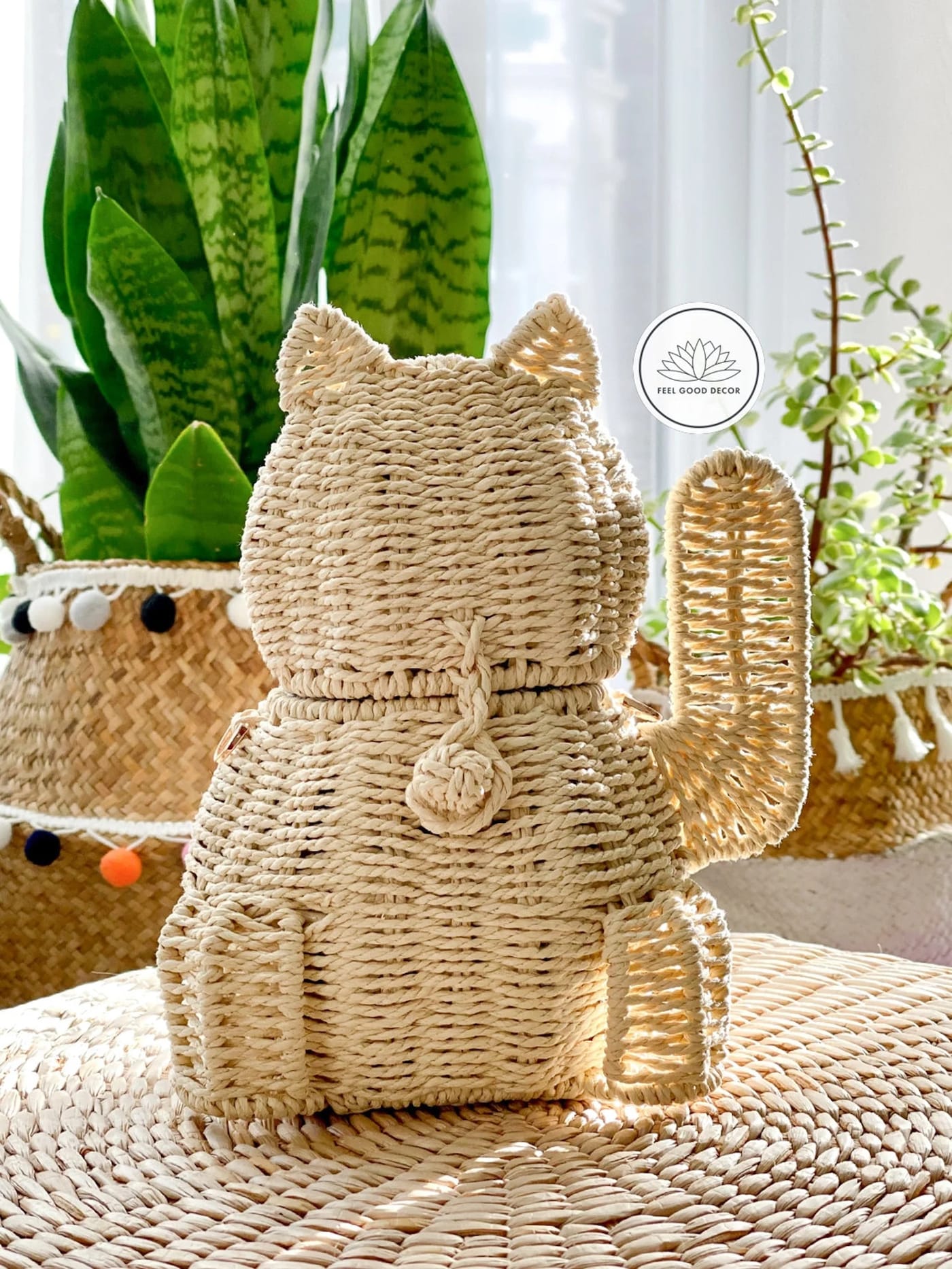Handmade Japanese Lucky Cat Natural Straw Wicker Storage Basket and Bag -  Feel Good Decor