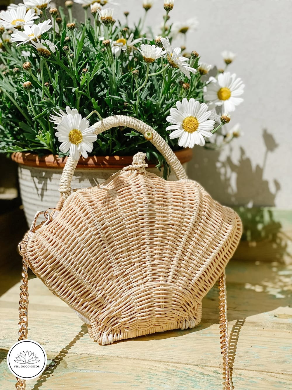 Timeless Handmade Boho Chic Shell Rattan Bag Basket