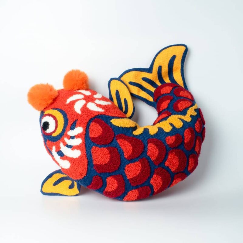 Traditional Chinese Carp Fish Embroidered Cushion with Pom Pom Nose Macrame Living Room Kids Room Feel Good Decor