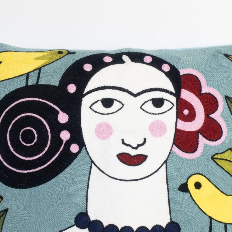 blue-frida-kahlo-inspired-embroidered-cushion-cover