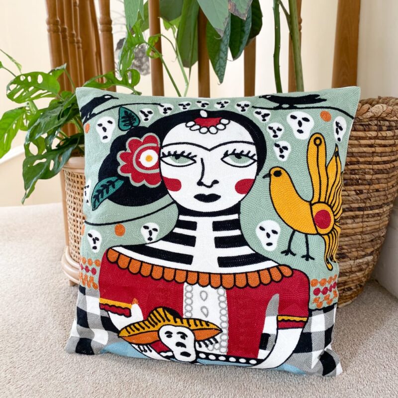 teal-frida-kahlo-inspired-embroidered-cushion-cover-insta-style-feelgooddecor