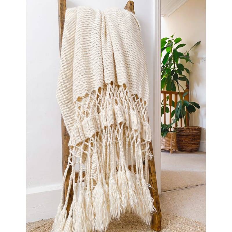 Boho Chunky Hand-knitted Throw Blanket With Tassels 120x180cm Blankets & Throws Living Room Bedroom New In Feel Good Decor
