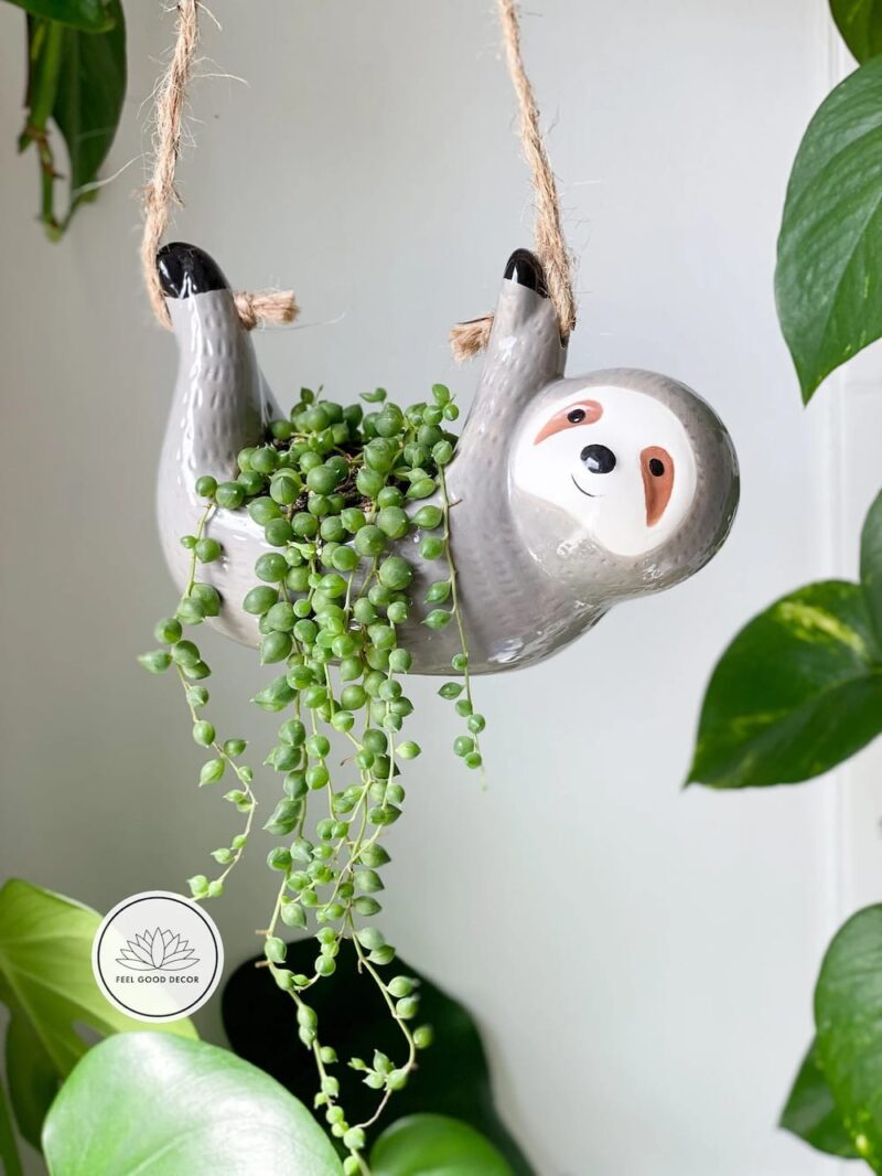 Cute Grey Sloth Ceramic Hanging Planter Plant Pot Handmade and Hand Painted-feel-good-decor