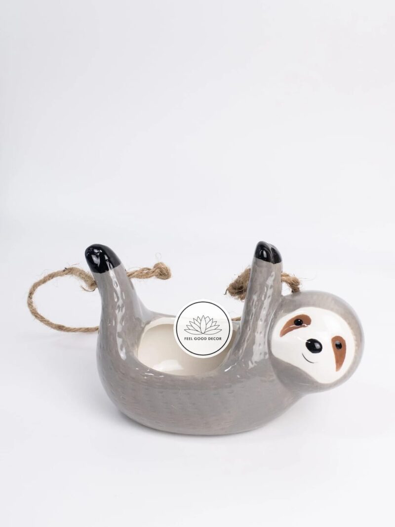 Cute Grey Sloth Ceramic Hanging Planter Plant Pot Handmade and Hand Painted-feel-good-decor