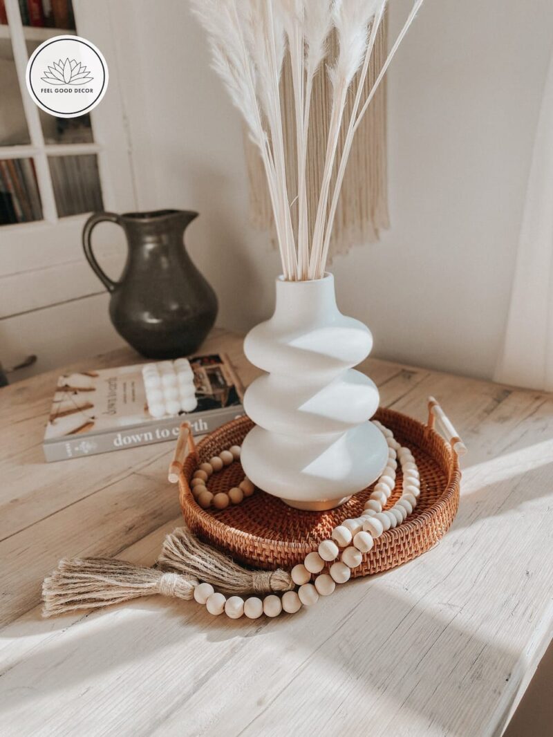 Handmade Boho Scandi Natural Wood Bead Garland With Jute Tassels-feel-good-decor