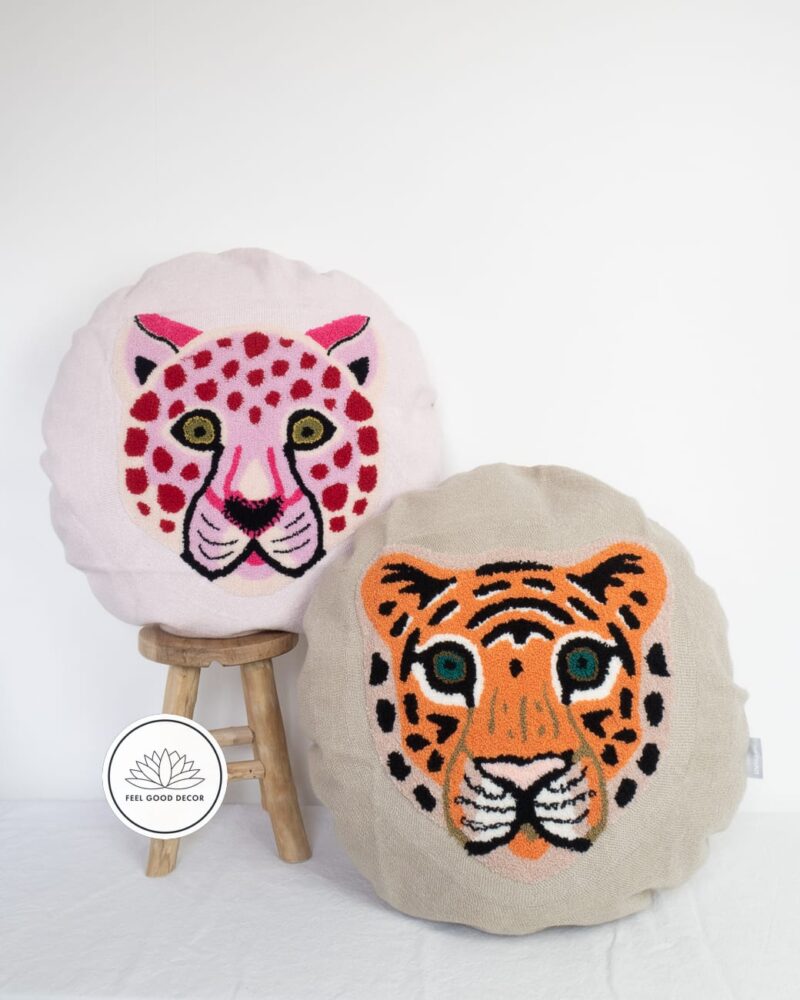 Safari Pink Leopard Face Embroidered Round Cushion Pillow Cover D50cm