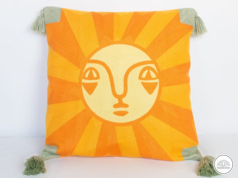 Sun Face Embroidery Cushion Cover With Tassels-1