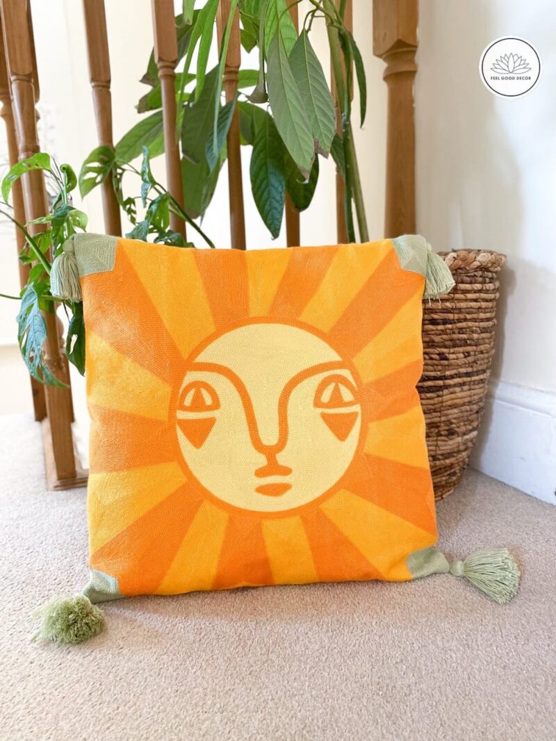Sun Face Embroidery Cushion Cover With Tassels-feel-good-decor-0