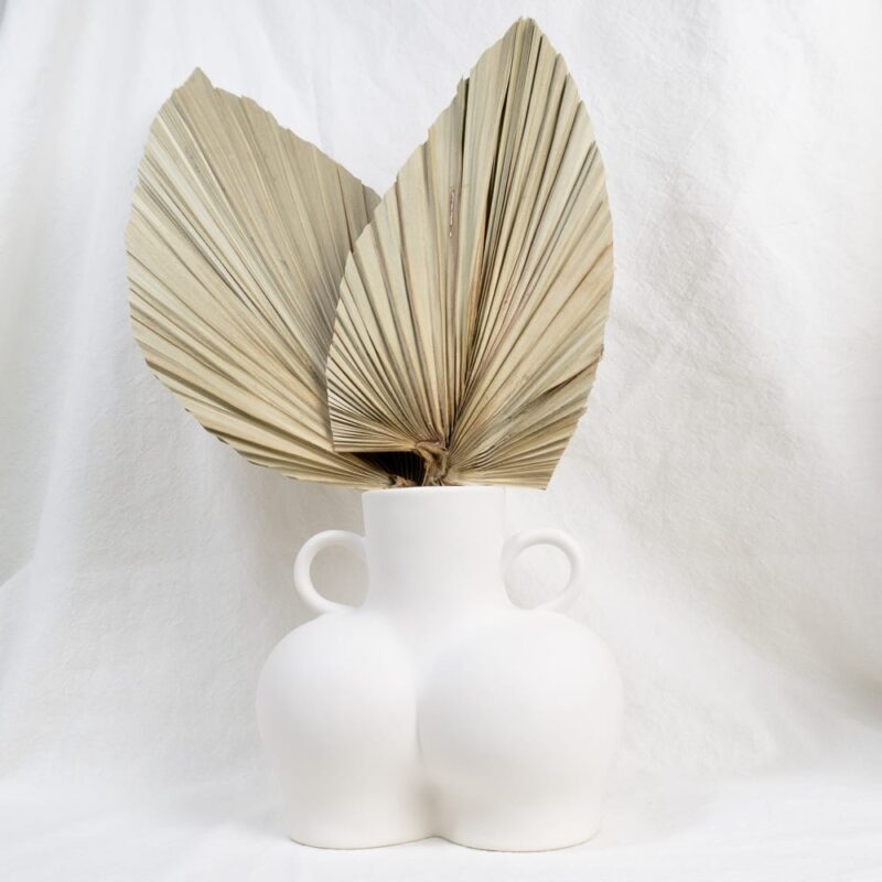 White-bum-butt-vase-with-bisque-finish-feel-good-decor-dried-palm-leaves