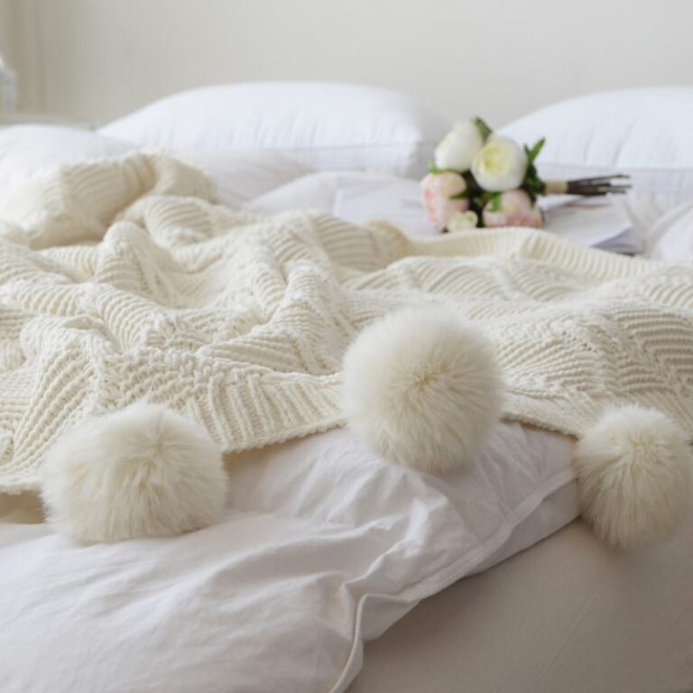 Diamond Chenille Knitted Blanket Throw With Pom Poms 130 x 160cm Feel