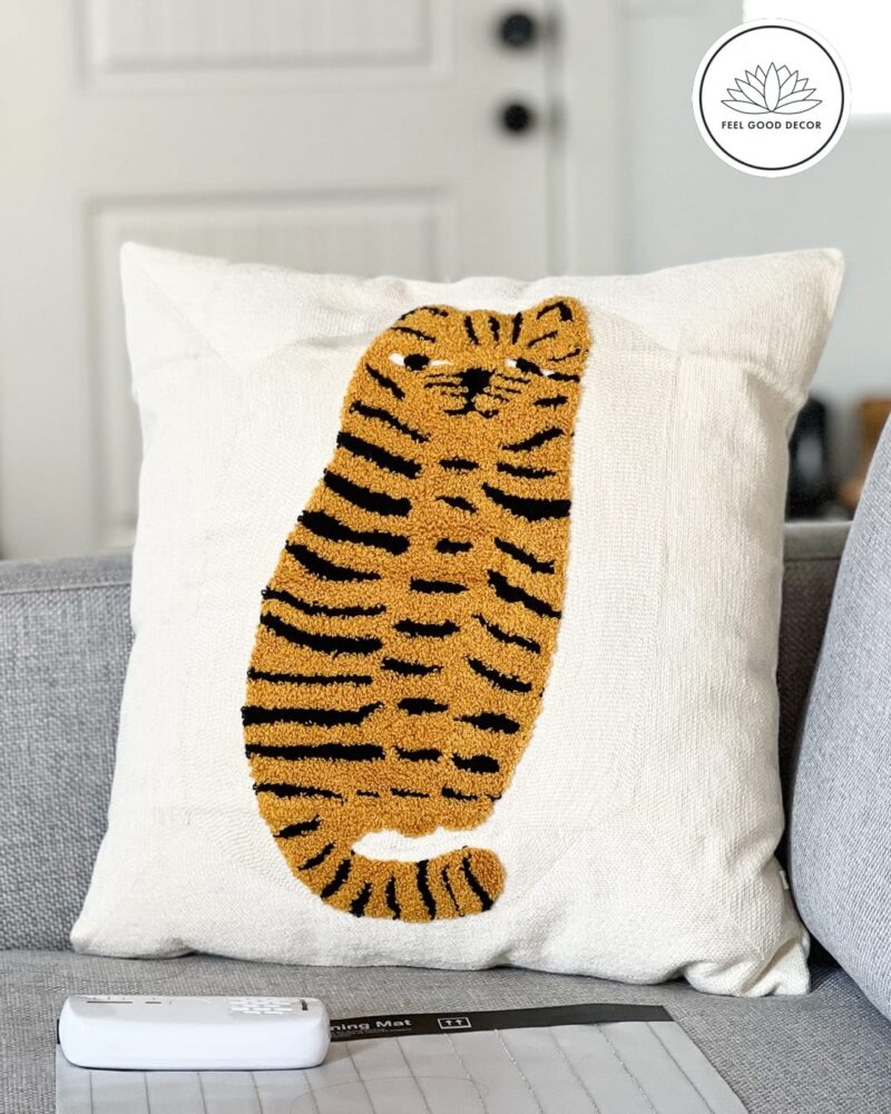 Cute Tufted Tiger Cat Embroidered Boho Kids Animal Cushion Pillow Cover-1