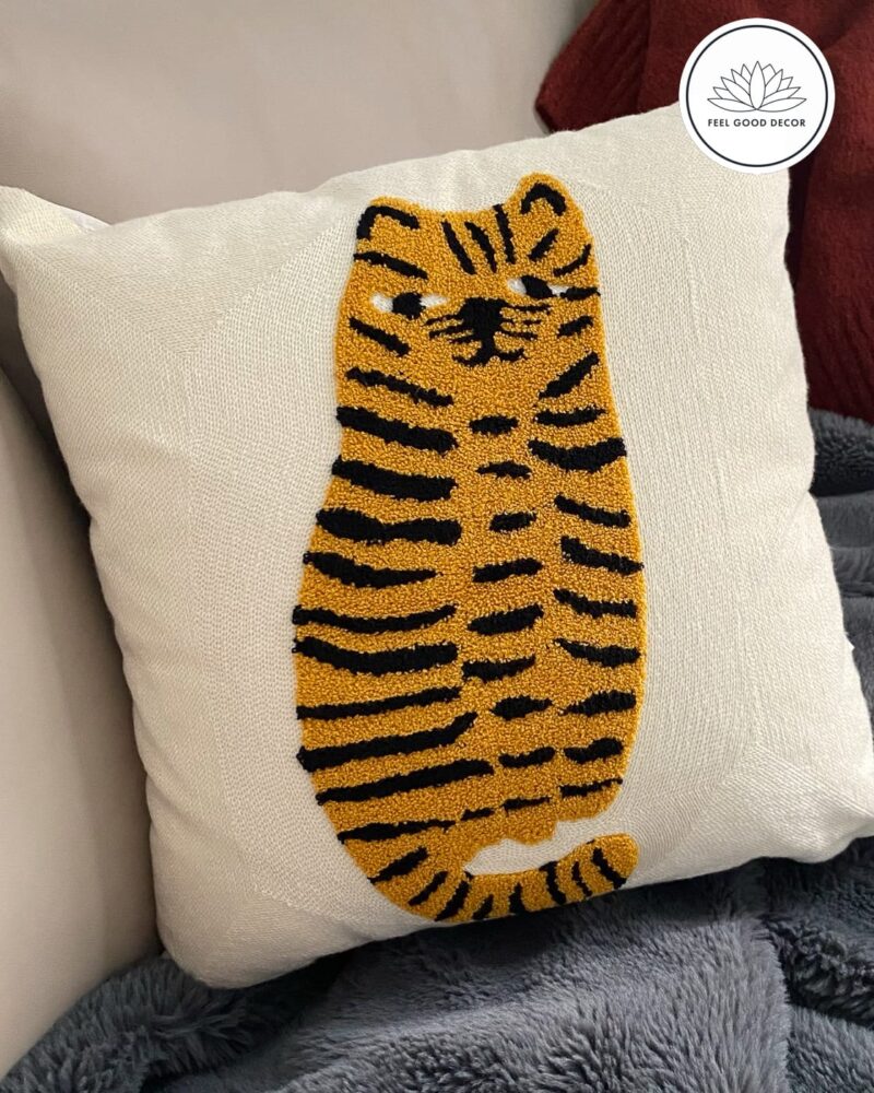 Cute Tufted Tiger Cat Embroidered Boho Kids Animal Cushion Pillow Cover