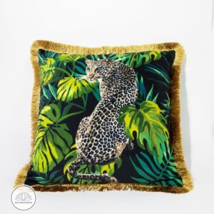 Luxury Fringed Vintage Velvet Cushion Pillow Cover With Tropical Forest Leopard & Monstera Leaves Print-Feel-Good-Decor