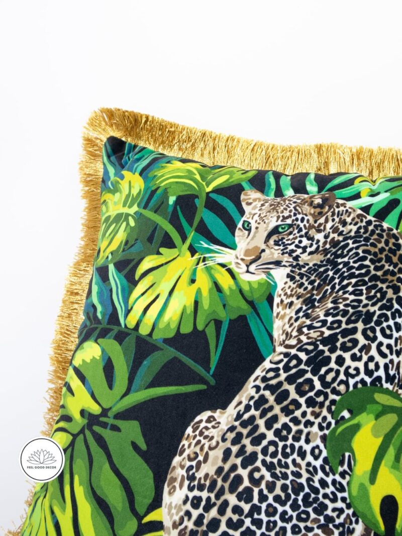 Luxury Fringed Vintage Velvet Cushion Pillow Cover With Tropical Forest Leopard & Monstera Leaves Print-Feel-Good-Decor